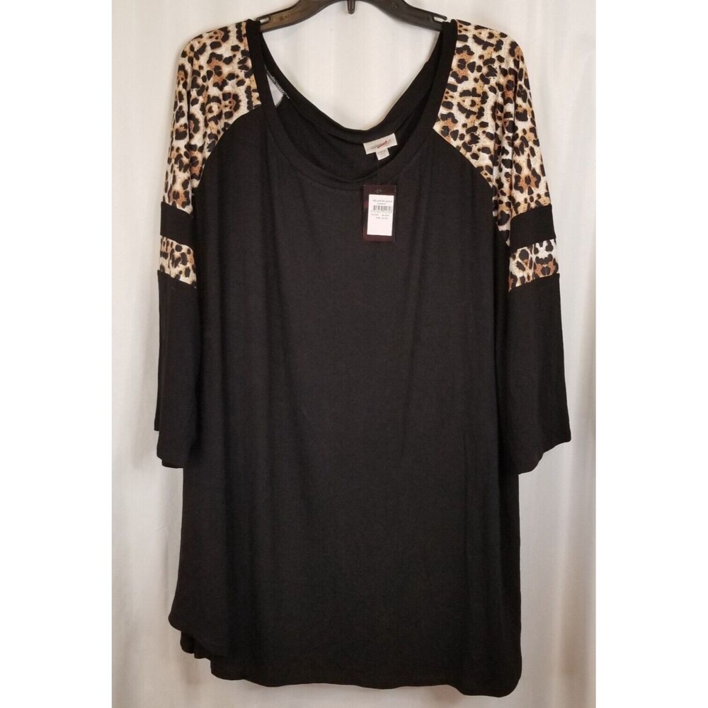 Avenue Women's Tunic Top Black Leopard Sleeve Design New Tags Size 30/32